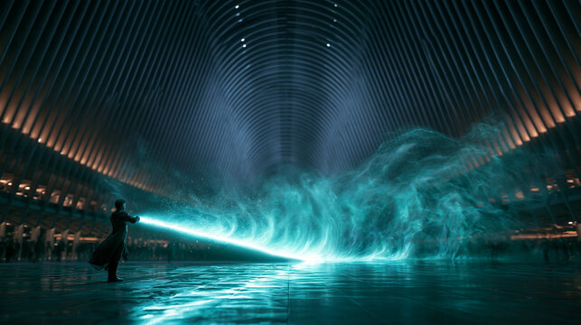 Sorcerer Casting Glowing Magic Energy Beam in Futuristic Hall