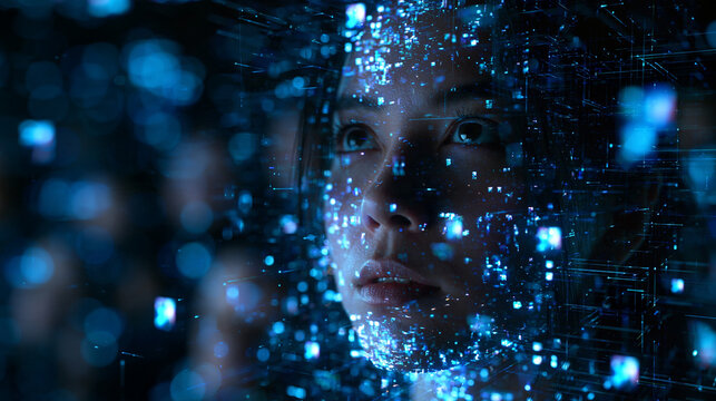 Futuristic Woman Face Immersed in Glowing Digital Data