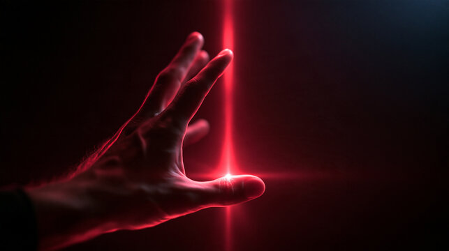 Hand Touching Futuristic Red Laser Light Beam