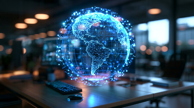 Glowing Digital Earth Hologram on Desk in Modern Office
