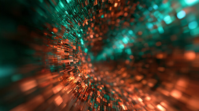 Futuristic Digital Data Tunnel with Glowing Geometric Blocks