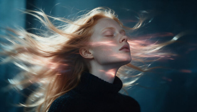 Serene Woman with Flowing Red Hair and Eyes Closed