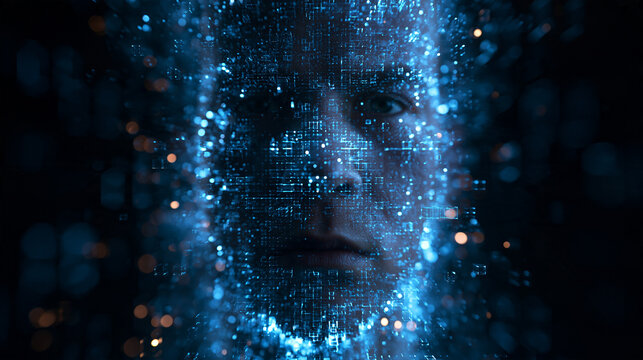 Artificial Intelligence Facial Recognition with Glowing Digital Data Grid
