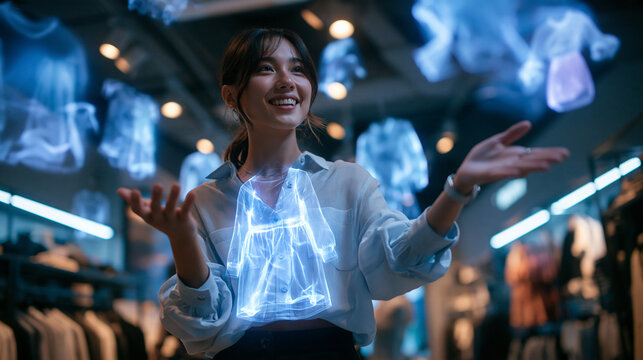 Woman Experiencing Holographic Virtual Clothing Shopping in Store
