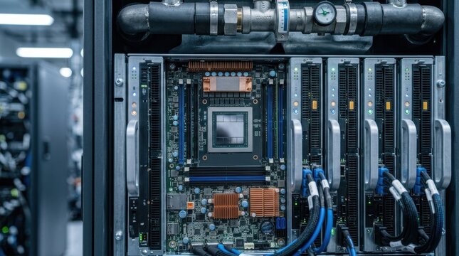 Macro closeup of stacked AI server blades, processor chips, and a locked steel cabinet with cooling ducts inside a hyperscale data center