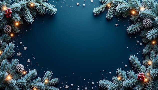 Christmas background with fir tree branches pine cones and glowing fairy lights on blue