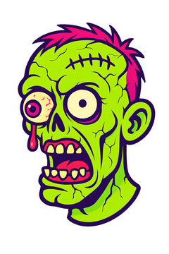 Colorful cartoon illustration of a funny green zombie head with stitches transparent background
