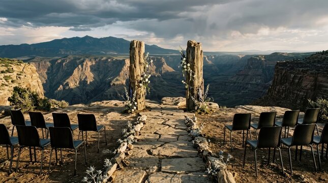 Dramatic mountain cliff outdoor wedding ceremony setup with stone pillars at sunset