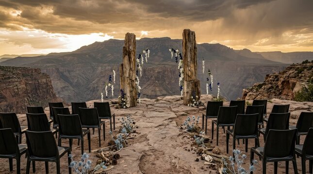 Dramatic mountain cliff outdoor wedding ceremony setup with stone pillars at sunset