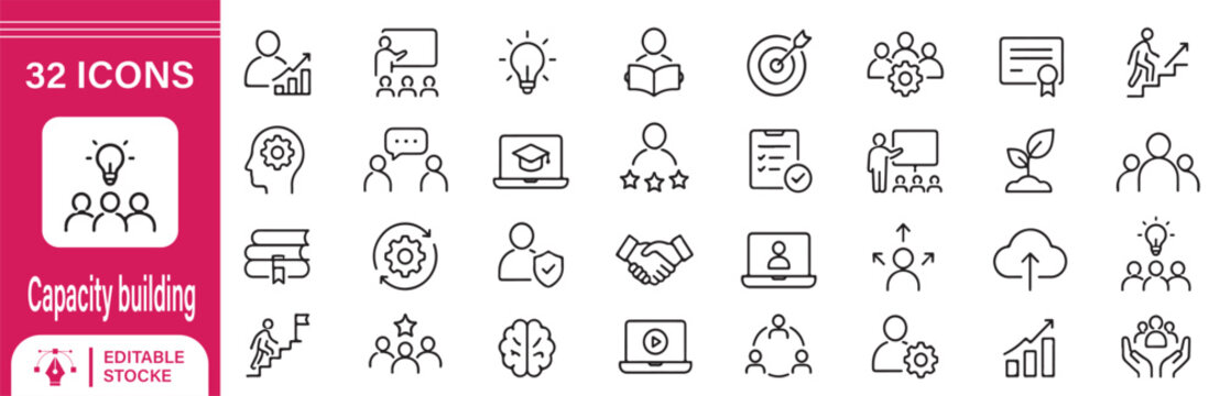 32 Capacity Building Vector Outline Icons Set &ndash; Training, Skill Development, Leadership, Learning, Team Growth and Professional Development Line Symbols Collection