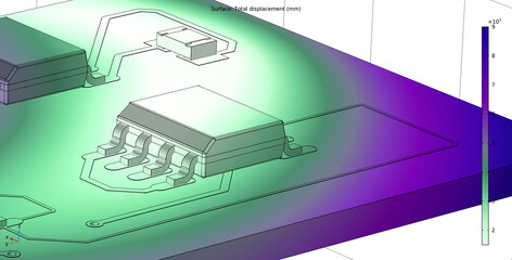 Computer 3d modeling of printed circuit board of electronic device. Investigation of displacement of pcb conductors and components (capacitor, integrated circuit) under influence of high temperature. © TKalinovskaya