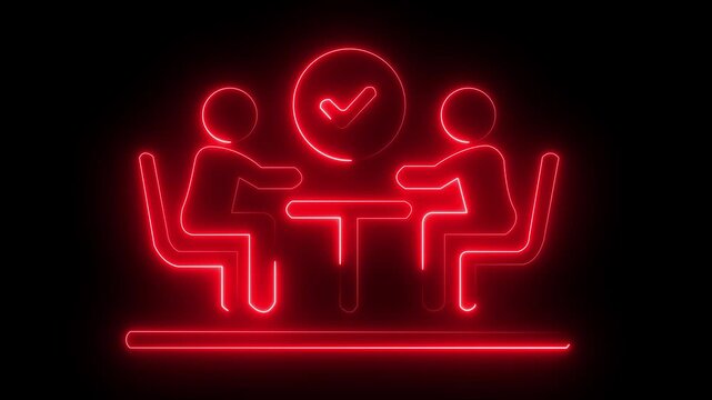 Neon glowing icon of two people meeting at a table in conversation with speech proper way.