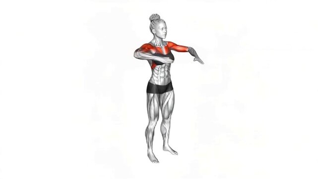 Arm Crossover Chest Out &mdash; Combines arm crossover with a chest-opening cue to stretch tight pecs and improve upright posture.