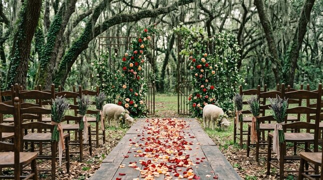 Rustic woodland wedding ceremony setup with floral arch and wooden aisle