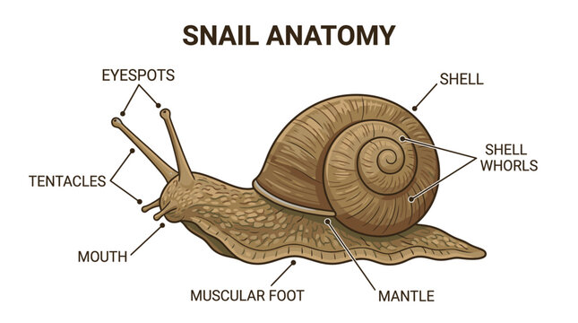 Diagram of a snail showing its anatomy, with labels pointing to eyespots, tentacles, mouth, shell, shell whorls, mantle, and muscular foot