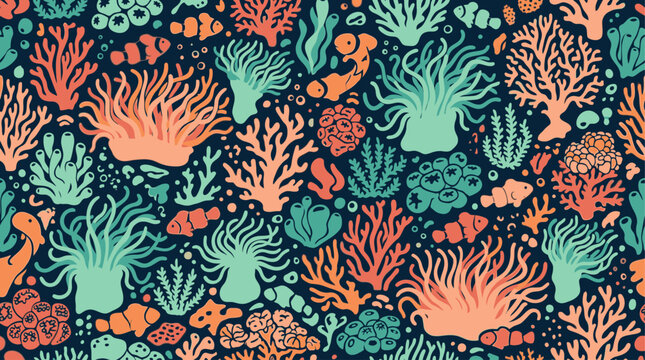 Underwater coral reef pattern illustration with clownfish and sea anemones