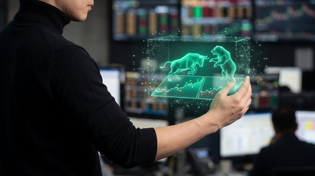 Person in black turtleneck holding a glowing green holographic cube with bull and bear figures and stock market charts in a dark office environment