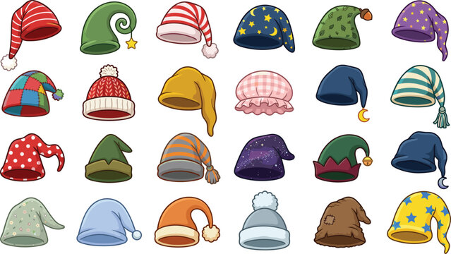 Sleeping cap and nightcap vector set featuring cartoon winter beanies elf hats and bedtime headwear icons for sleep wear clothing pattern design projects