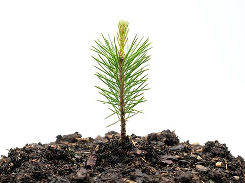 Young green pine sapling growing out of dark soil with young tree white background tree planting small tree seedling
