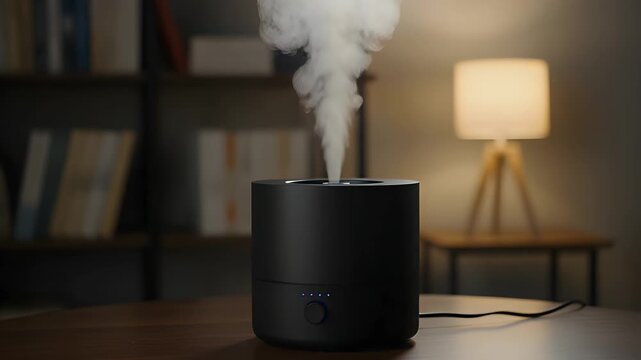 Modern air humidifier working in a cozy room. Ultrasonic mist diffuser for home wellness.A black air humidifier releasing a steady stream of mist in a dimly lit, comfortable living room setting.