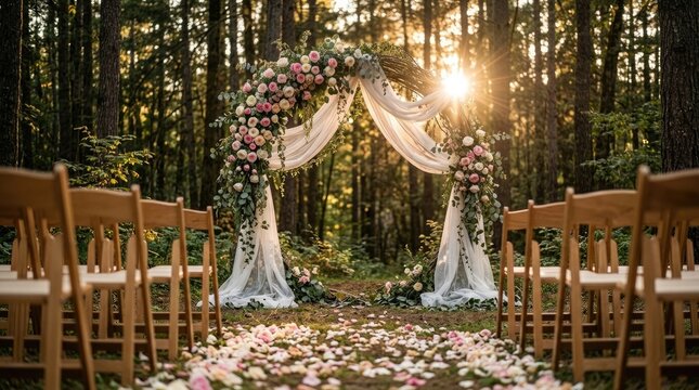 Outdoor wedding ceremony setup in forest with arch and golden hour sunlight