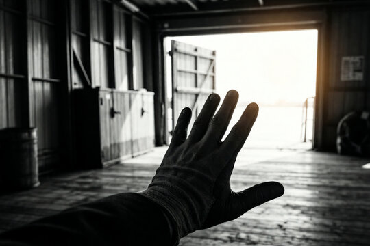 Person reaching toward open warehouse door light