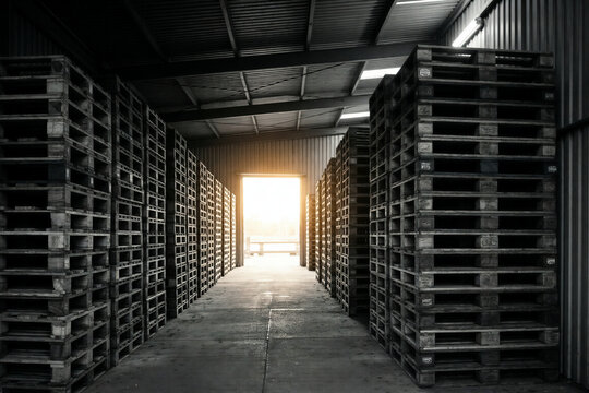 Warehouse interior with rows of stacked wooden pallets