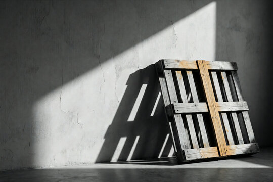 Wooden shipping pallet leaning against a textured wall