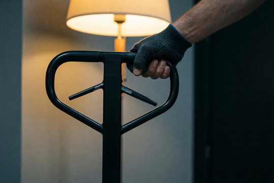 Worker hand on pallet jack handle in warehouse