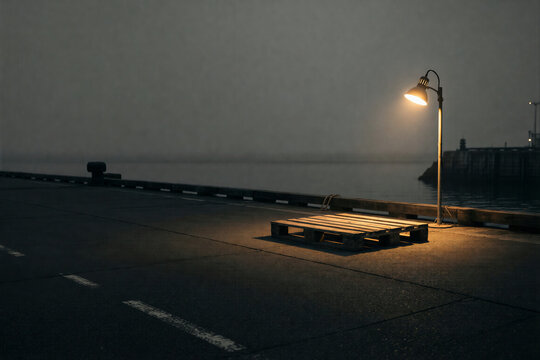 Wooden pallet on a gloomy harbor quay at night