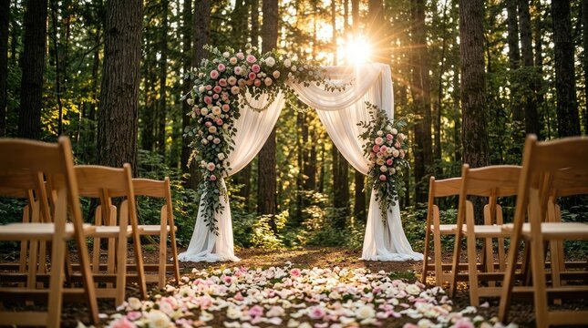 Outdoor wedding ceremony setup in forest with arch and golden hour sunlight