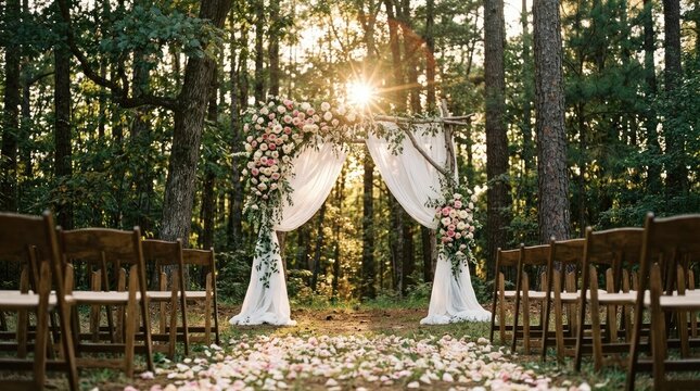 Outdoor wedding ceremony setup in forest with arch and golden hour sunlight