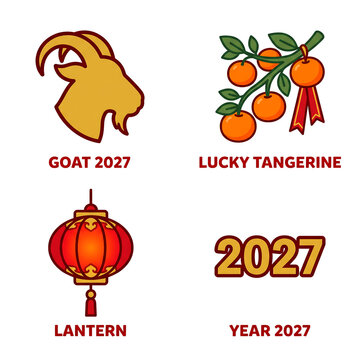 Chinese zodiac goat year 2027 celebration icons on transparent background