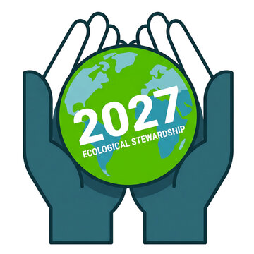 Hands holding globe illustrating 2027 ecological stewardship event on transparent background