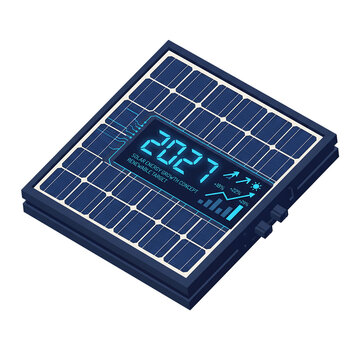 Solar panel displaying year 2027 energy production stats on transparent background