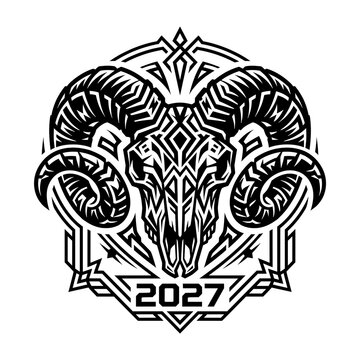 Ram skull geometric badge motif 2027 event logo on transparent background