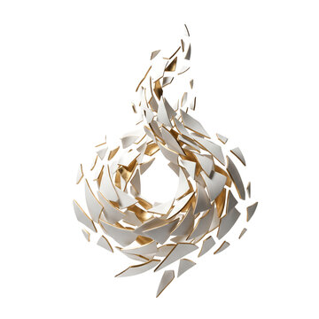 Porcelain fragments forming abstract decorative swirl on transparent background