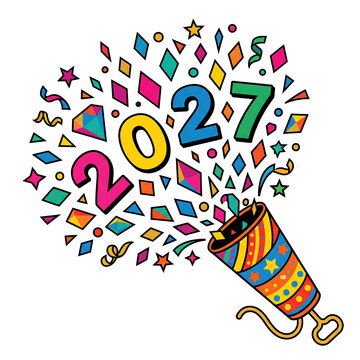 New Year 2027 celebration party popper bursting colorful confetti on transparent background