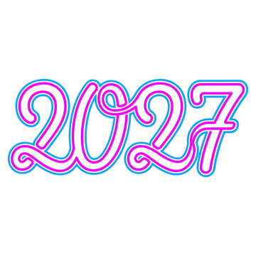 Bright pink and blue neon sign spelling 2027 for new year celebration on transparent background