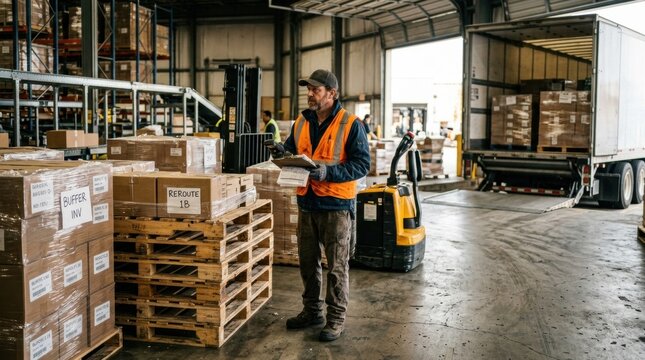 Logistics supervisor beside pallets, containers, forklift, and cargo truck in a cross dock warehouse with buffer inventory and rerouted freight