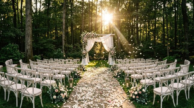 Outdoor wedding ceremony setup in forest with arch and golden hour sunlight