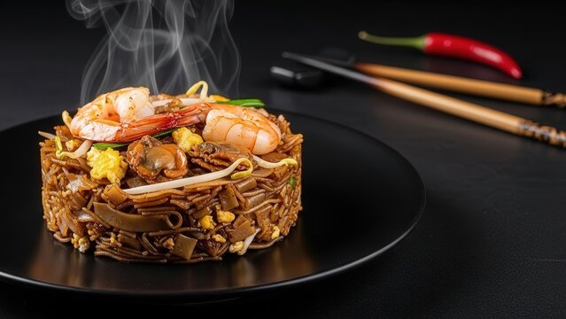 Fine dining presentation of Halal Seafood Char Kway Teow stir-fried noodles with prawns on a black plate with burnt chopsticks and dramatic negative space.