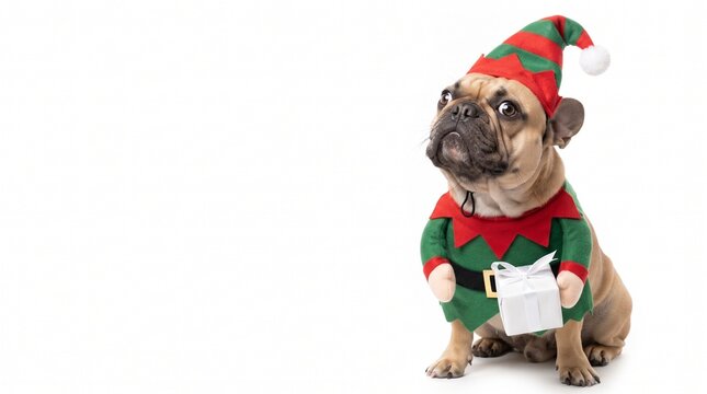 Cute Christmas elf dog. A French Bulldog dog wearing traditional christmas costume with arms holding present with funny face isolated on white background