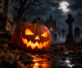 Calabaza de Halloween iluminada en un cementerio bajo la luna llena © Antonio ciero
