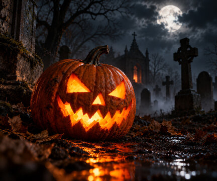 Calabaza de Halloween iluminada en un cementerio bajo la luna llena