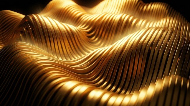 Glowing gold parametric wave structure with flowing ribbed surfaces and dramatic lighting