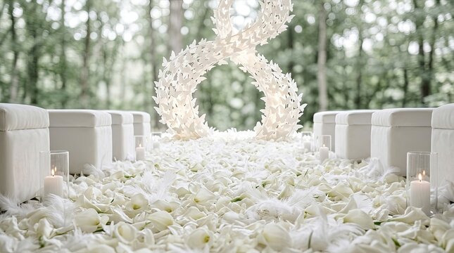 White floral wedding arch with aisle covered in white rose petals