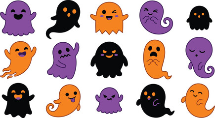 Obraz premium A collection of cute pixel art ghosts featuring a festive halloween color vector theme for fun holiday graphic design projects