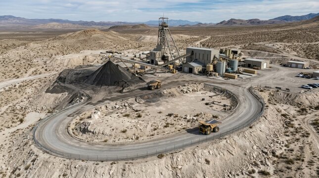 Uranium mine restart with headframe, processing building, ore stockpile, haul trucks, and fenced access road across rocky terrain.