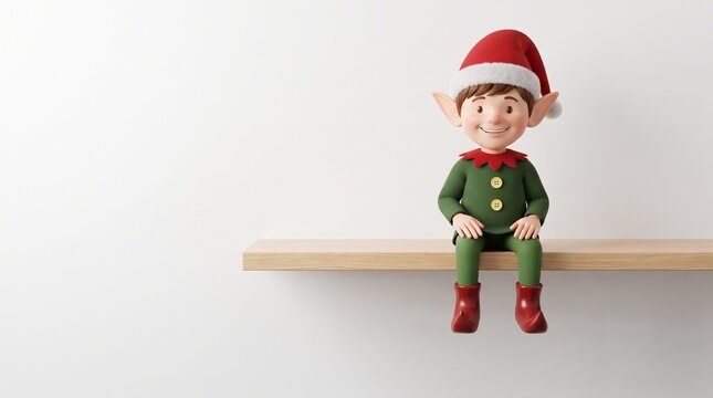 A 3D render depicting a cute young elf sitting on the edge, framed by a festive Christmas border and cartoon holiday elements, including Santa.